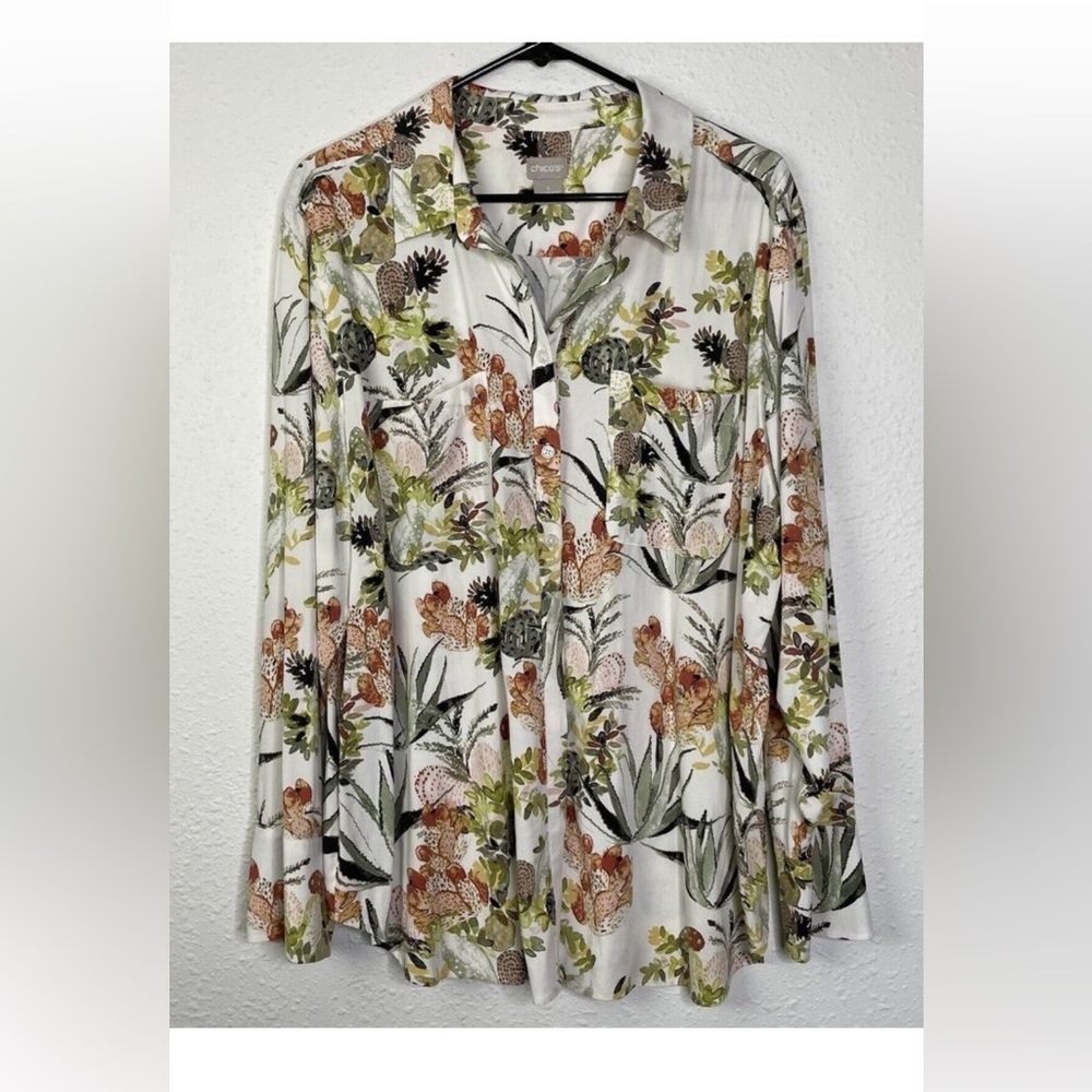 Chico's White Floral Button-Front Blouse with Green & Rust Accents